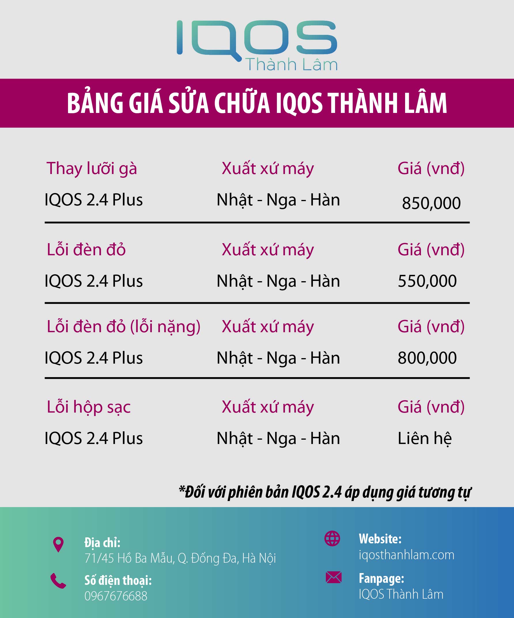 bảng giá sửa chữa Iqos Thành Lâm